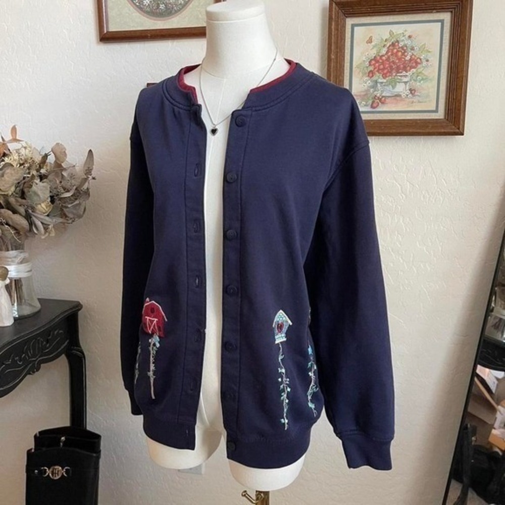 Extra Shenanigans Cardigan Womens 1X Navy Blue Excellent Embroidered Birdhouse